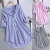 Ladies Turn-Down Collar Blouse Shirt Top Spring Autumn Loose Casual Female Women Striped Long Sleeve Blouse Top Shirt Plus Size 1