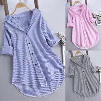 Ladies Turn-Down Collar Blouse Shirt Top Spring Autumn Loose Casual Female Women Striped Long Sleeve Blouse Top Shirt Plus Size 1