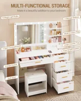 Hzuaneri Туалетный столик с 10-светодиодной подсветкой, табурет, туалетный столик с большим зеркалом, с розеткой, держателем для фена — изображение 3