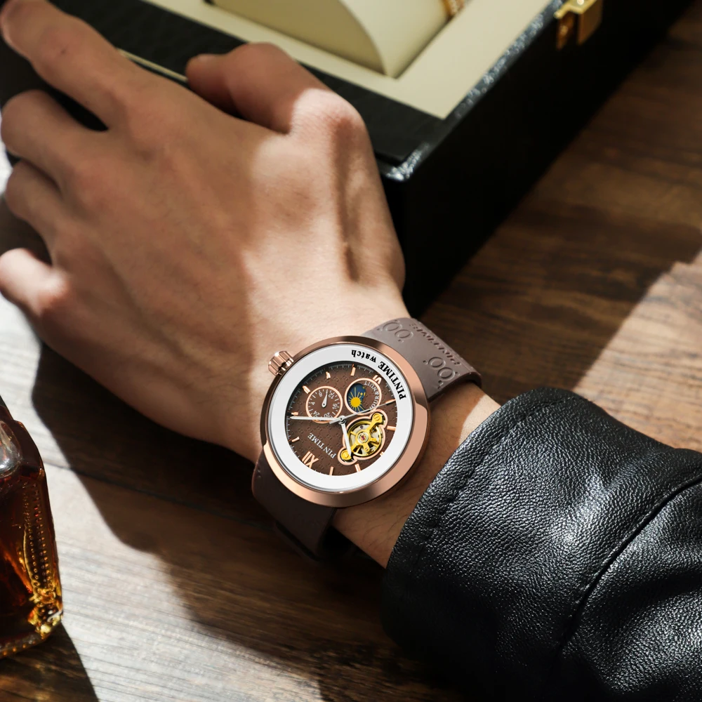 PINTIME Automatic Watch Self Winding Mechanical Wristwatch Men SIlicone Strap Fashion Business Clock Relogio Masculine Male Gift