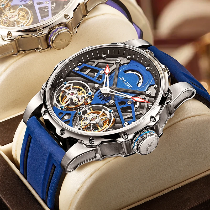 JINLERY New Double Tourbillon Watch for Men Mechanical Men Watch Wristwatch Luxury Watch Men Waterproof Clock Relogio Masculino