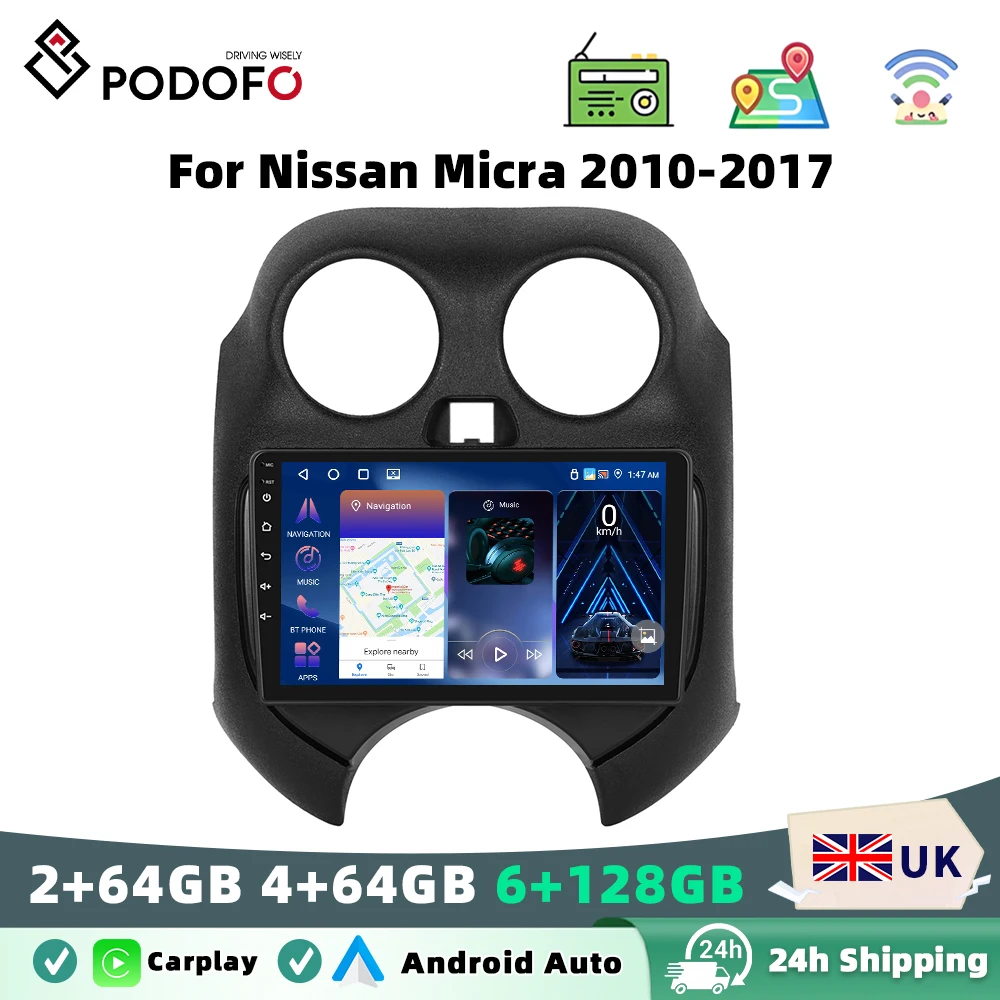 Podofo For Nissan Micra 2010-2017 Android Car Radio 2+64G/4+64G/6+128G Video Multimedia Player Carplay Android Auto GPS BT