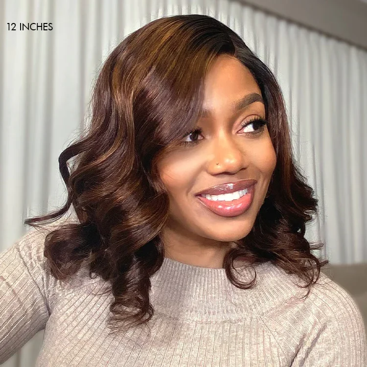 Tewjig 4/27 Highlight Ombre 13x6 HD Transparent Body Wave Short bob Human Hair Wigs 13x4 Lace Front Wig For Women Pre Plucked 2