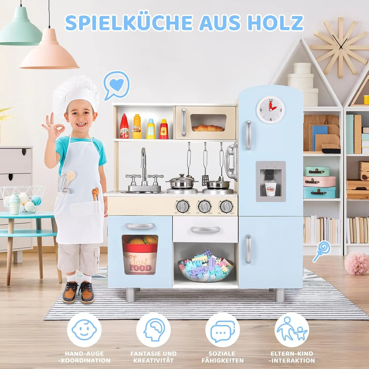Kids Wooden Pretend Cooking Kitchen Playset with Cabinets for Toddler 6