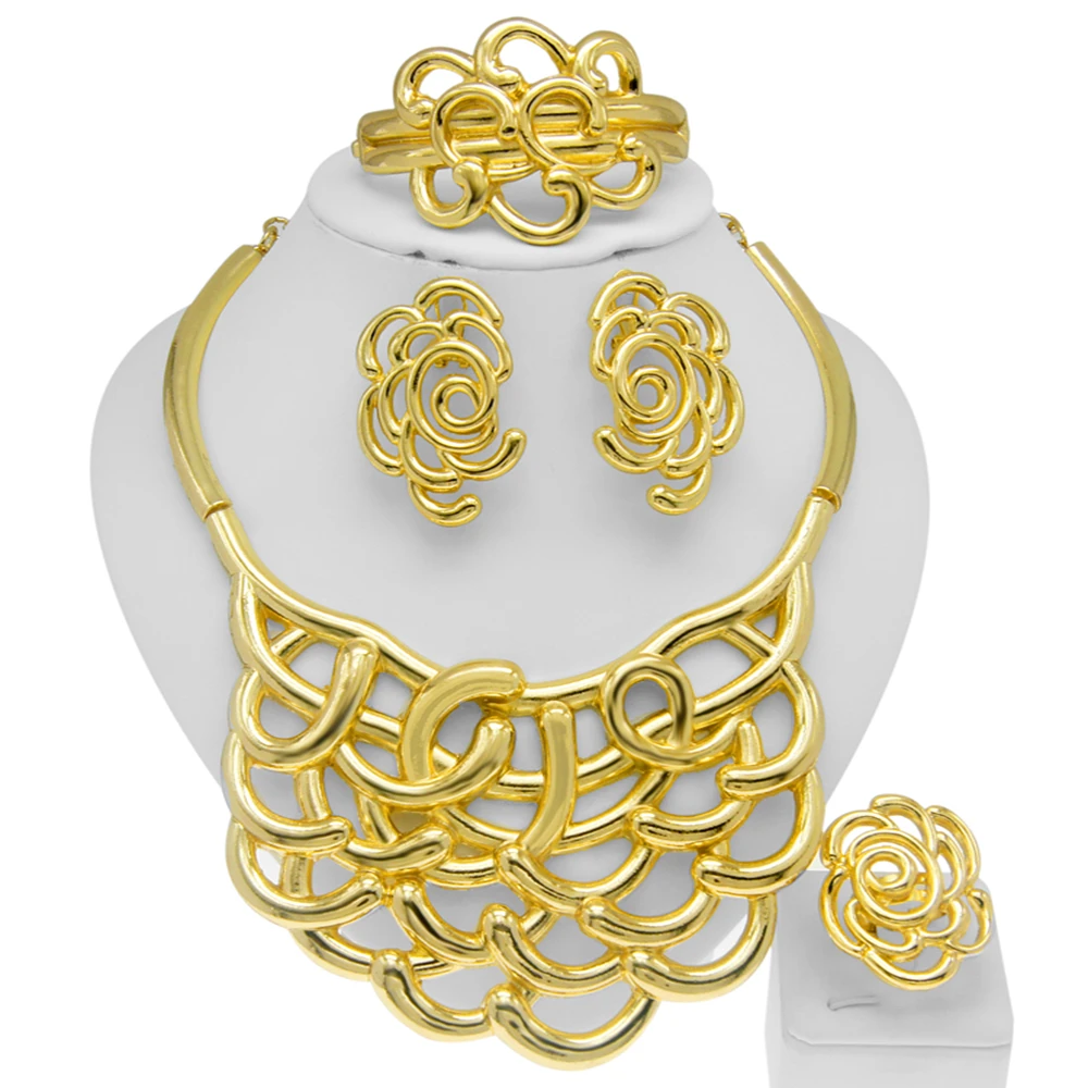 Best Selling Fashion Ladies Portable Italian Gold Plated Jewelry Sets Women  Party Necklaces Bracelets Earrings Ring Jewelry Sets