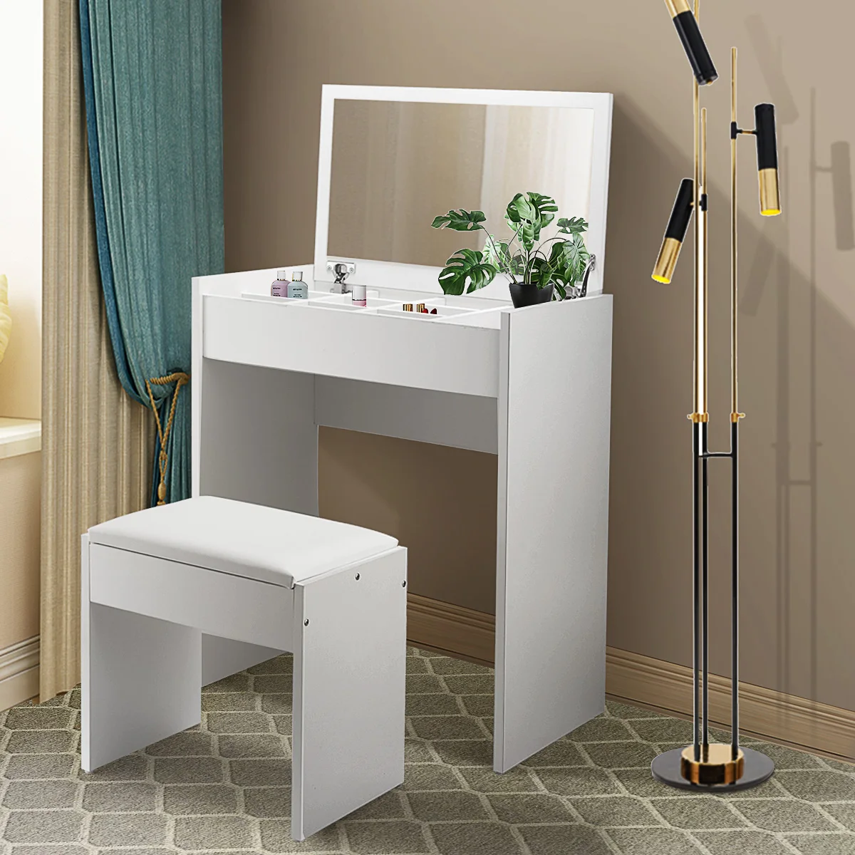 Description Picture 6 of item[Flash Sale]Makeup Table with Mirror Storage and Stool Lady's Dressing up Station White[US-Stock]