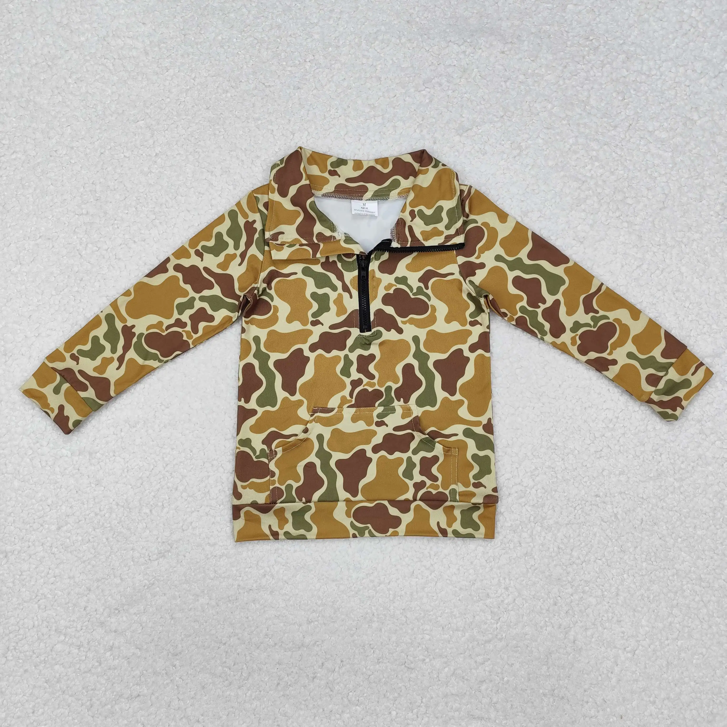BT1037 Summer baby boy clothes Pocket camouflage light brown zippered long sleeve top Boutique kids clothes boys