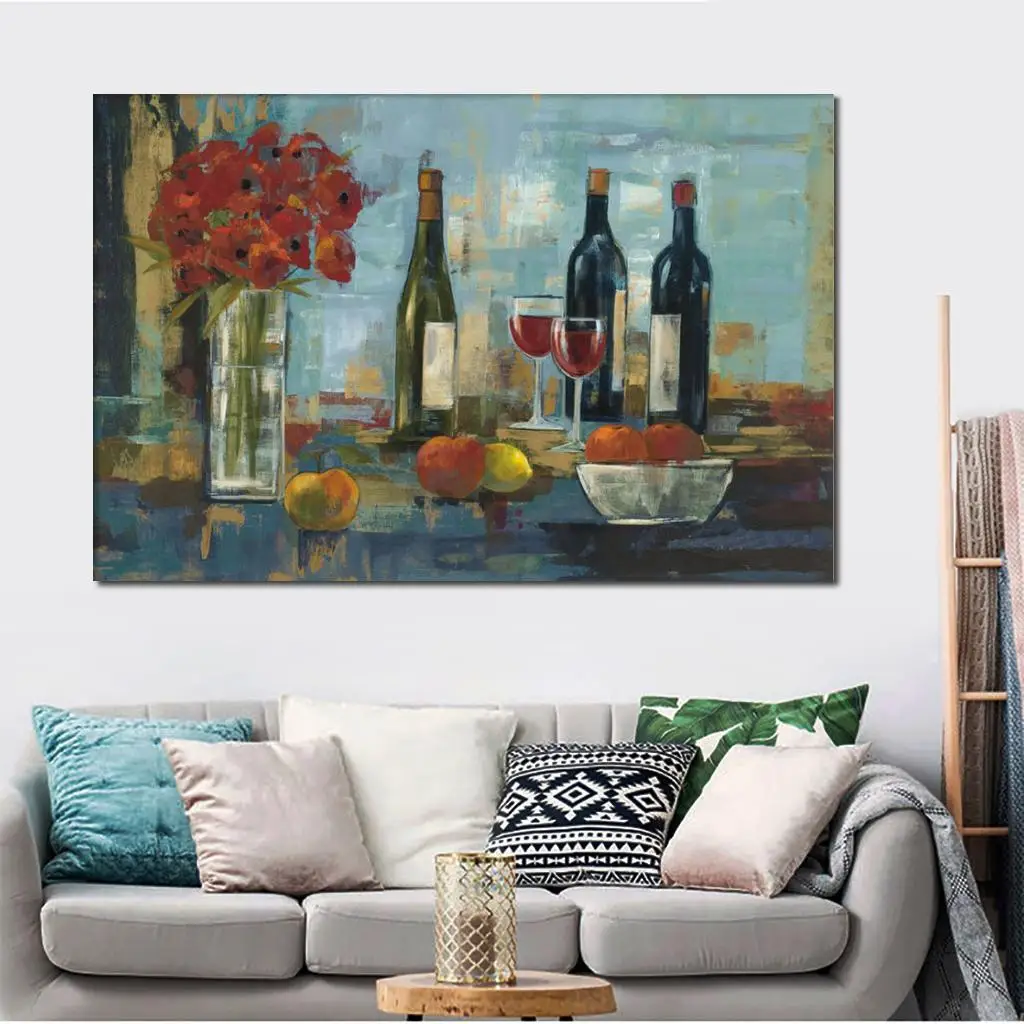 

Abstract Canvas Art Fruit and Wine Bottles Hand Painted Still Life Oil Painting For Dining Room Kitchen Wall Decor
