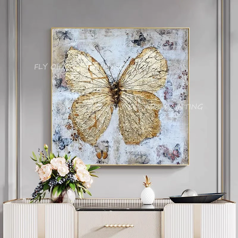 

100% Handmade gold foil butterfly animal beautiful artwork animal picture oil painting for office living room as a gift unframe