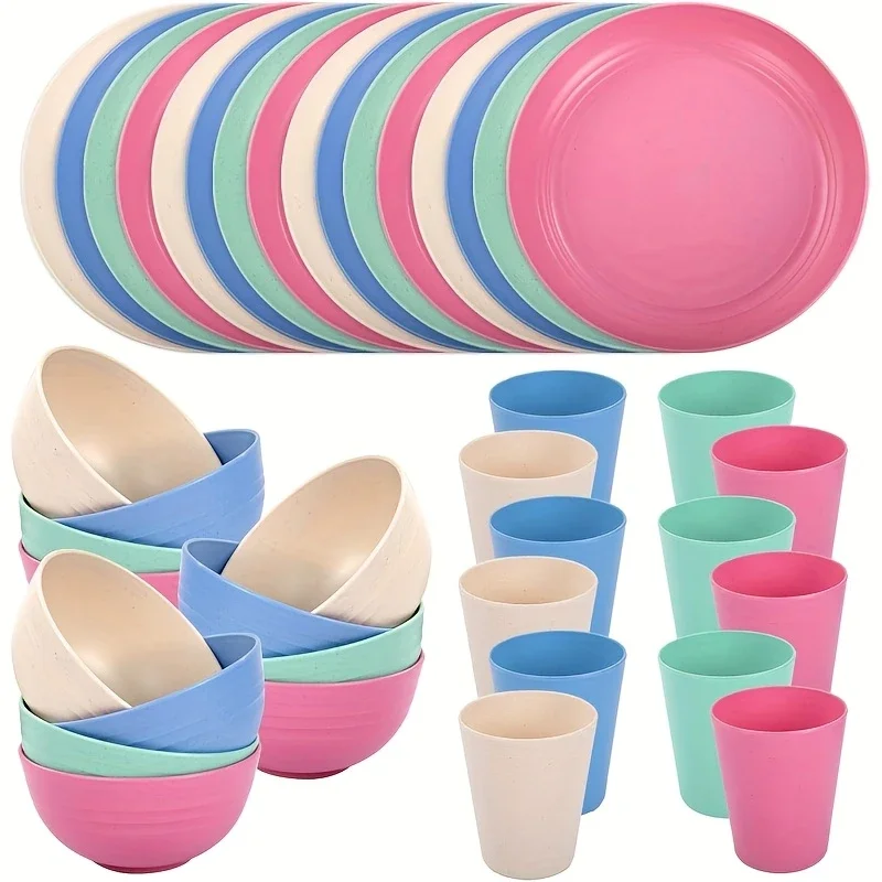 32/16 Pcs, Multicolo, large wheat straw tableware set, shatter-proof, plate/dessert plate/bowl/cup, dishwasher safe, lightweight