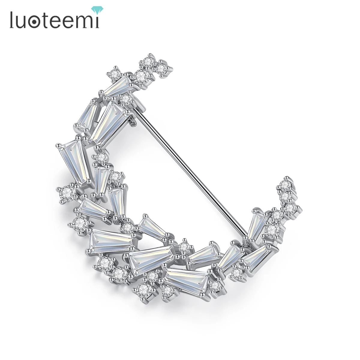 

LUOTEEMI Korean CZ Moon Brooch Fashion Elegant Cubic Zirconia Women Brooch Pin Modern Girl Cloth Jewelry Hot Sale Christmas Gift