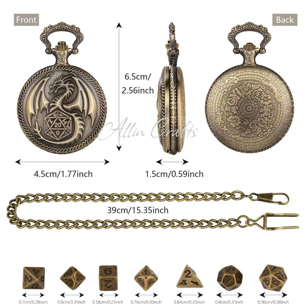 Acrylic dice,game dice,dice set Pocket watch Dice 39cm chain Dragon pocket watch case DND dice Gift Pendant 2 Mini Metal DND Dice for dnd party