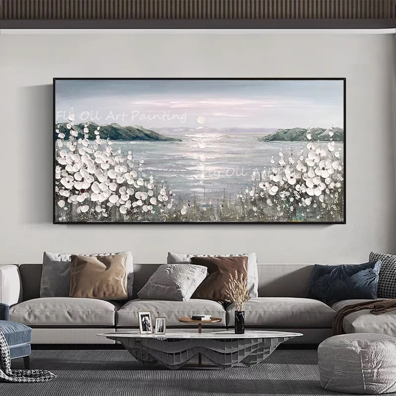 

100% Handmade grey canvas flower thick knife landscape with sunrise Oil Painting Porch Aisle For Living Room unframe