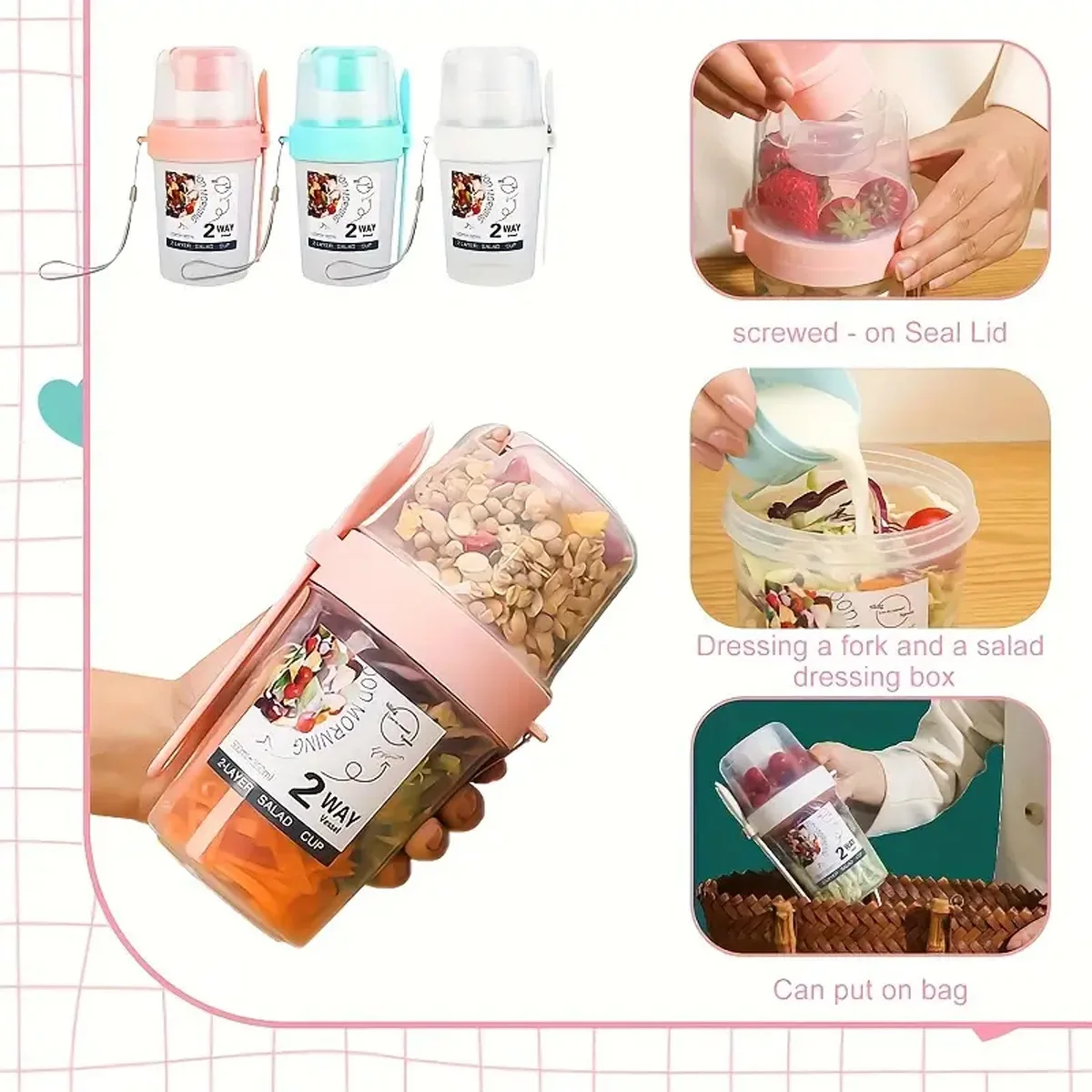 1pc Portable double layered salad cup with spoon, fruit, oats, travel, breakfast cup, salad lunch box, and travel accessories