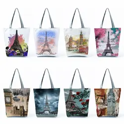 Female Handbags For Women Fashion Travel Beach Bag Floral Eiffel Tower Print Tote Bags High Capacity Shopping Bags Portable
