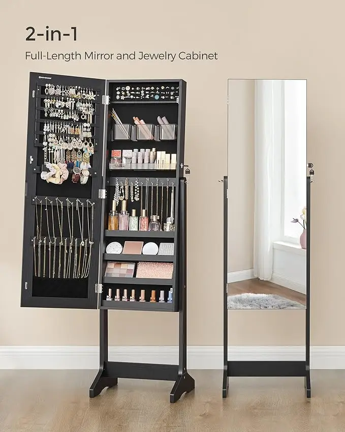 Freestanding jewelry cabinet with full-length mirror. Lockable storage with 2 cosmetic organizers 2