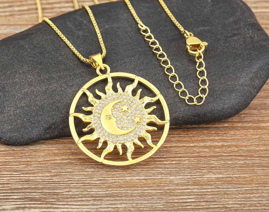 AIBEF Light Of Star And Moon Sun Shape Pendant Women Necklace Copper Zircon Western European Style Jewelry Popular Romantic Gift
