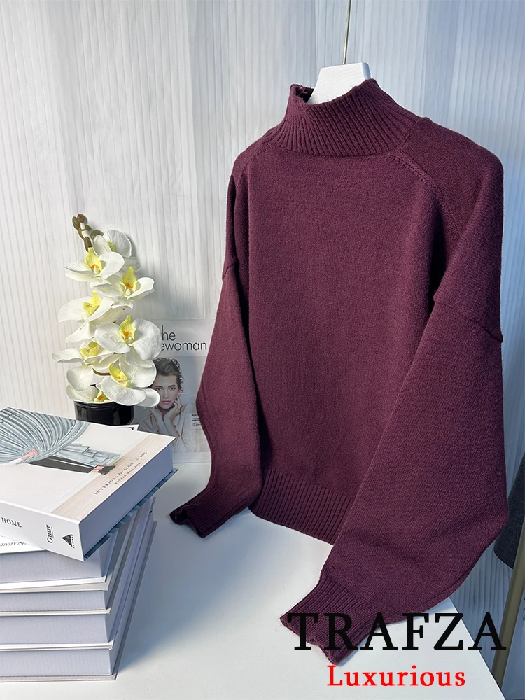 TRAFZA Vintage Chic Women Sweater Solid O-Neck Long Sleeve Knitted Loose Sweater New Fashion 2025 Autumn Winter Holiday Sweater 5