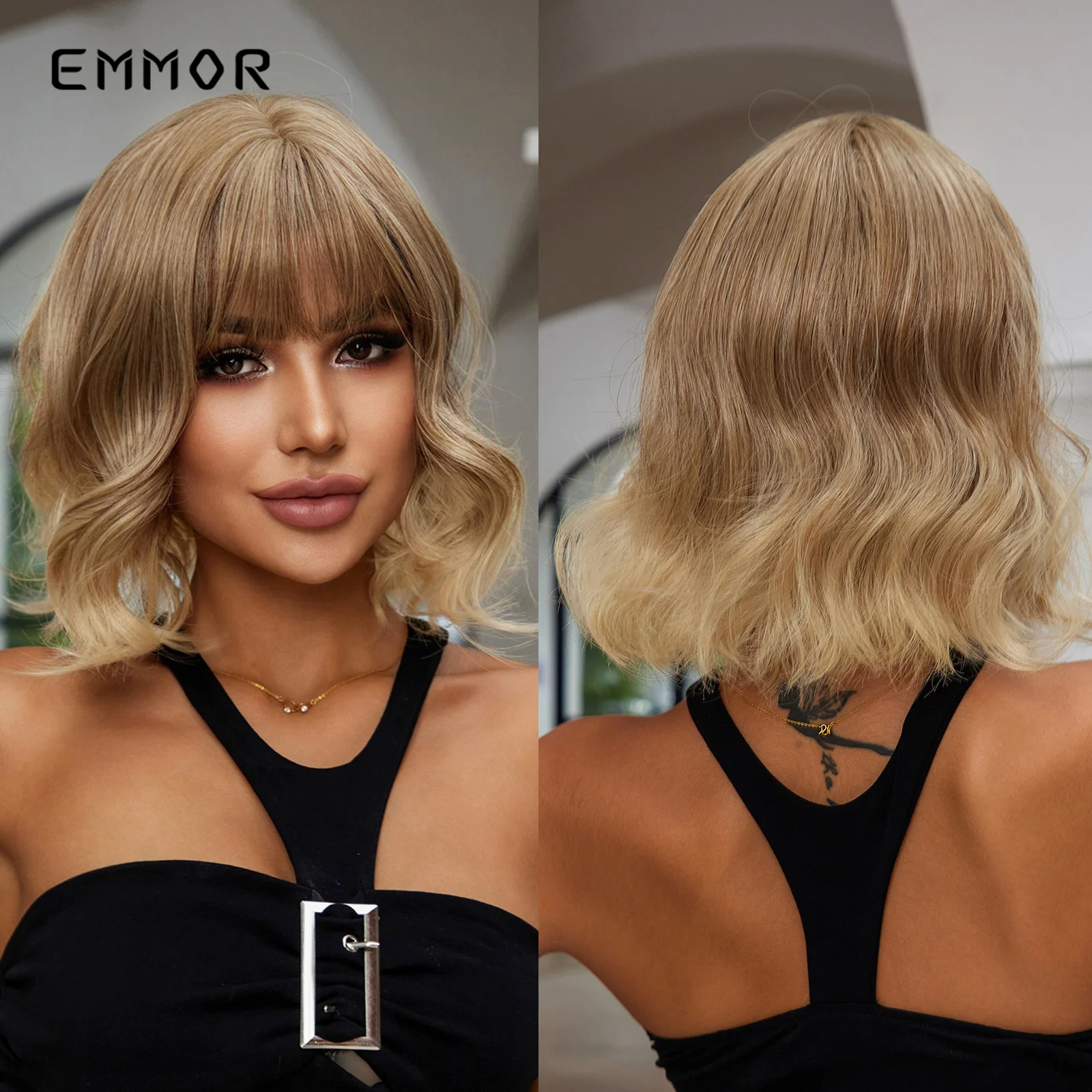 

Emmor Ombre Blonde Short Wavy Cosplay Lolita Wigs with Bangs Light Brown Bob Synthetic Hair Wigs for Women Heat Resistant Fiber