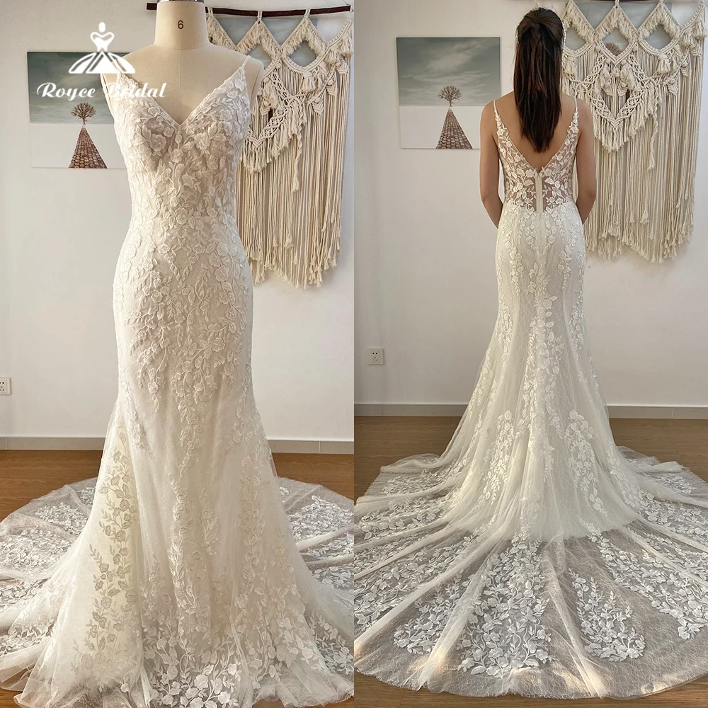 

Sexy V Neck Spaghetti Straps Lace Appliques Mermaid Wedding Dress Boho Bridal Gowns Sweep Sweep Vestidos De Novia Robe De Mariée