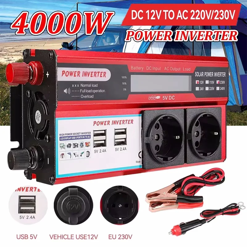 Excursion Power Inverter 4000W 3000W Power Inverter DC 12V To AC 220V transform With 4 USB EU ...