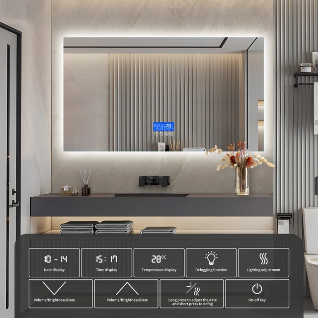 Specchio da bagno 60x120cm con illuminazione a LED, con Display antiappannamento, temperatura e 3 luminosità regolabili, rettangolo 5