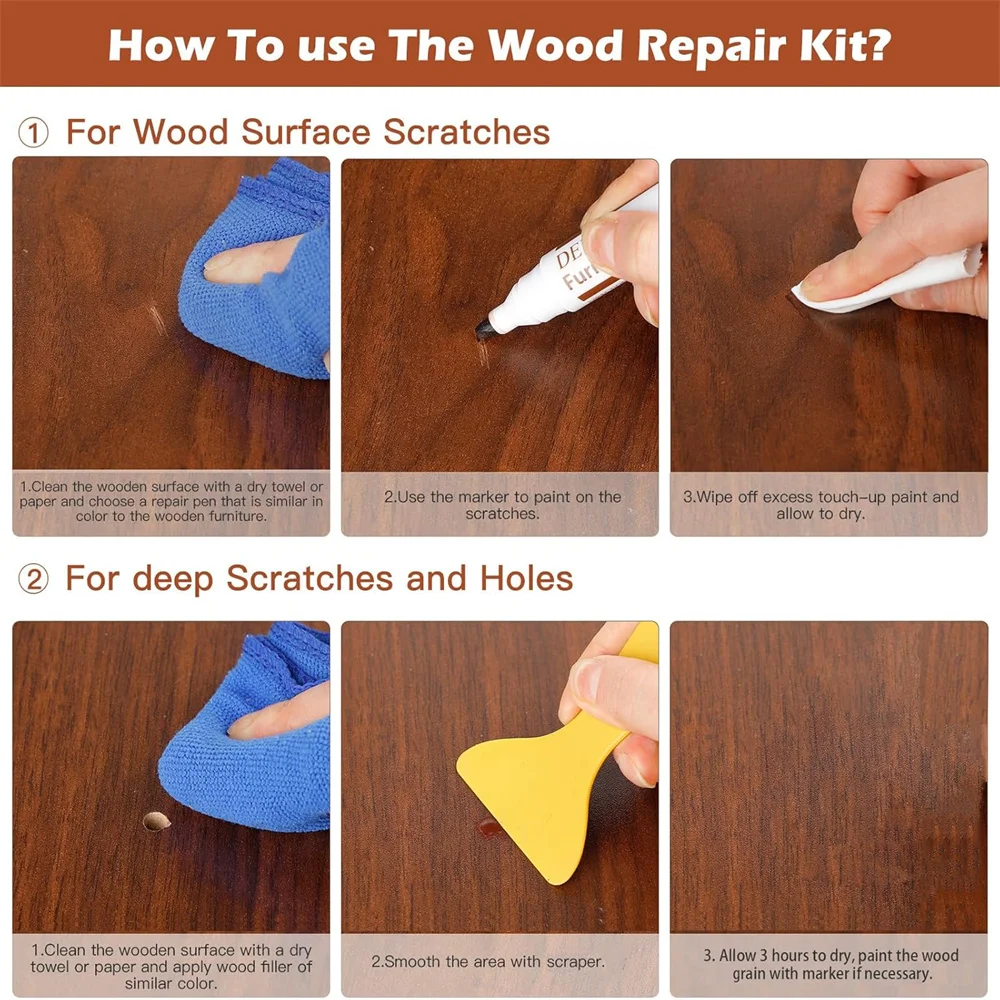 Wood Repair Kit 34Pcs Wood Furniture Repair Kit include 12Pcs Wood Filler and Touch Up Markers Putty and Polish Wax Scratch Repair Tool