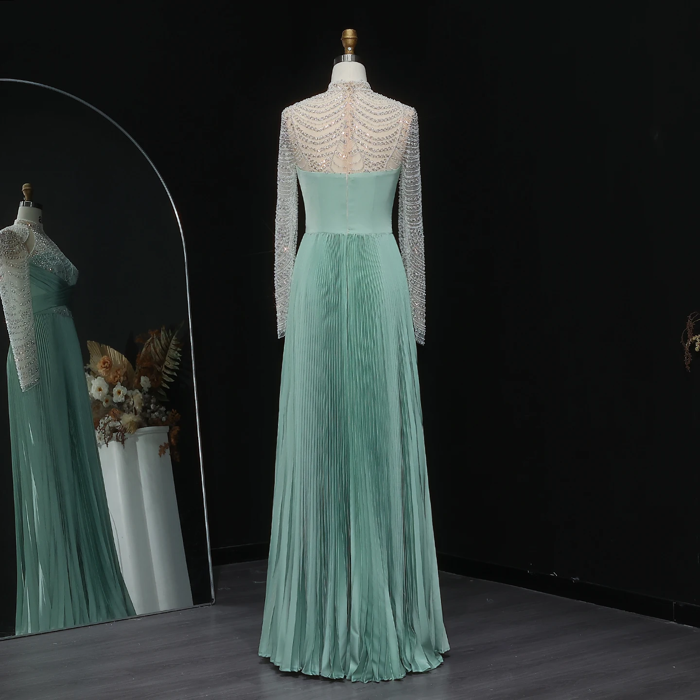 mint green beaded dress Open-Back Strapless Beaded-Print Prom Dress with Slit Ivory / 10