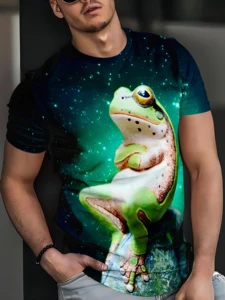 Summer Men 3d Printed Cute Animal Funny Frog Pattern T-Shirt Fashion O Collar Short Sleeve Loose Fun Plus Size Comfortable Top