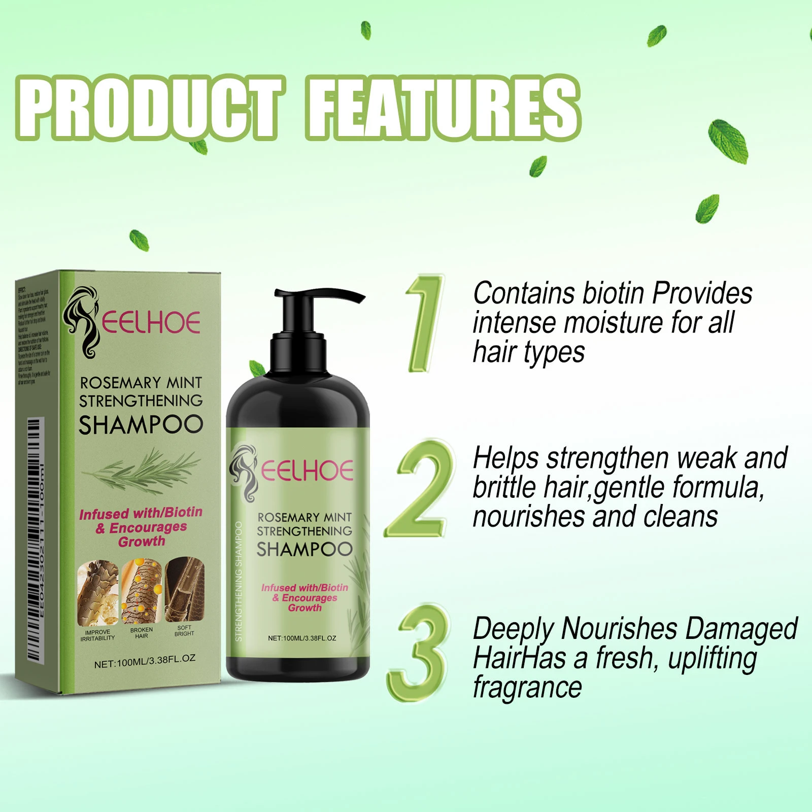 EELHOE Hair Care Shampoo Rosemary Nourishing Hair Strengthening Hair Roots Prevent Hair Loss Volumizing Smoothing Hair Shampoo