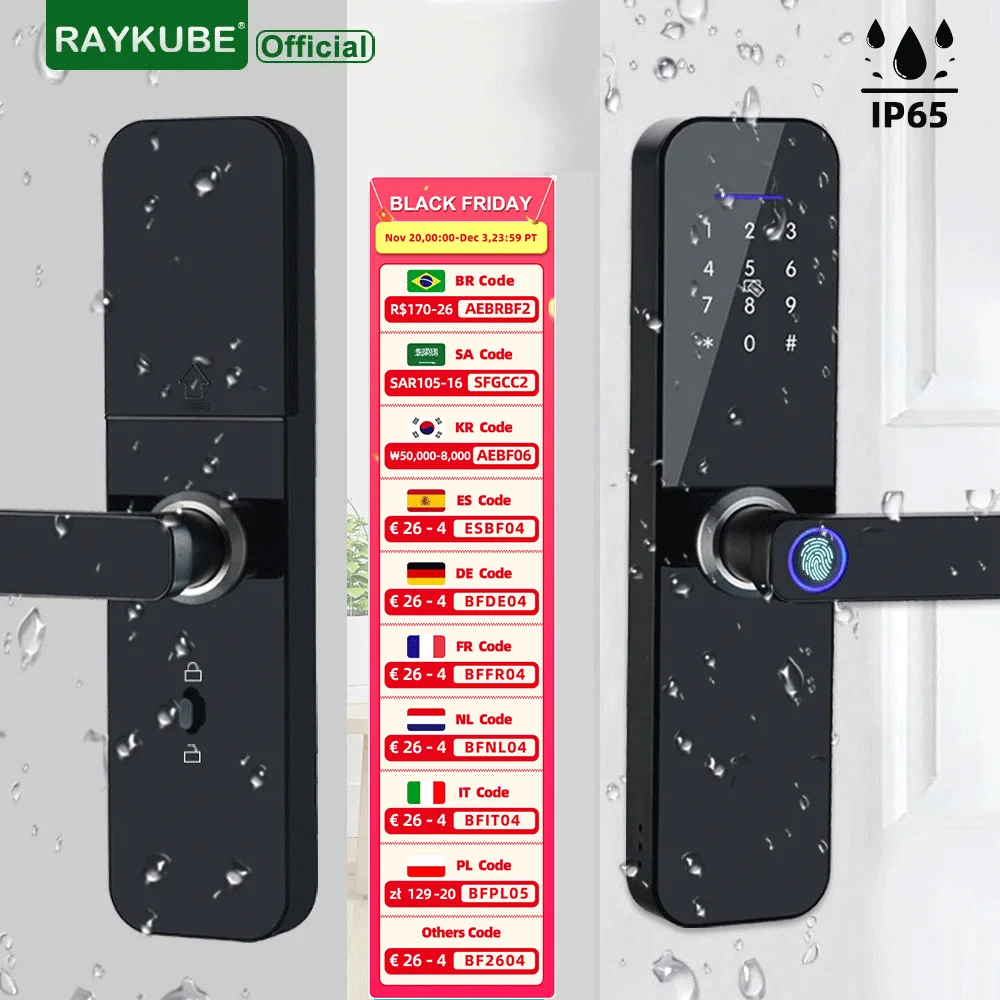 RAYKUBE F005 IP65 กันน้ํา Tuya Wifi อิเล็กทรอนิกส์สมาร์ทประตูล็อคลายนิ้วมือ/สมาร์ทการ์ด/รหัสผ่าน/คีย์/TT ล็อค APP ปลดล็อค 1