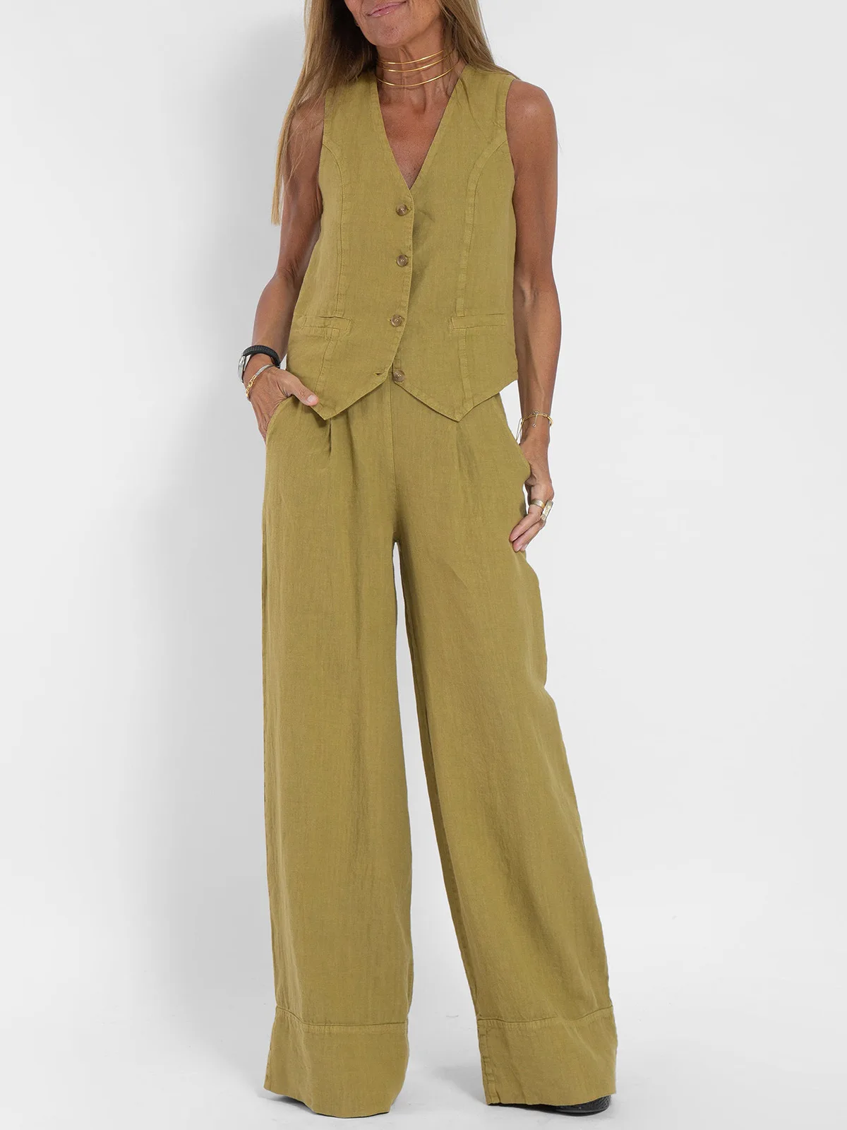 Women Chic Two Piece Set Sleeveless Vest Top with Wide Leg Pants Suit 2024 Spring Summer Elegant High Waist Trousers Outfits