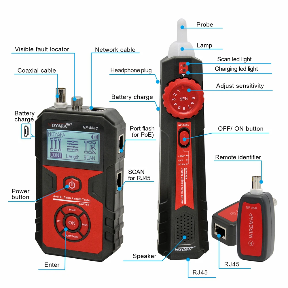 NOYAFA NF-858C 와이어 트래커 네트워크 케이블 테스터 파인더, BNC 측정 케이블 길이, POE 전압 테스트 트레이스, 케이블 라인 로케이터