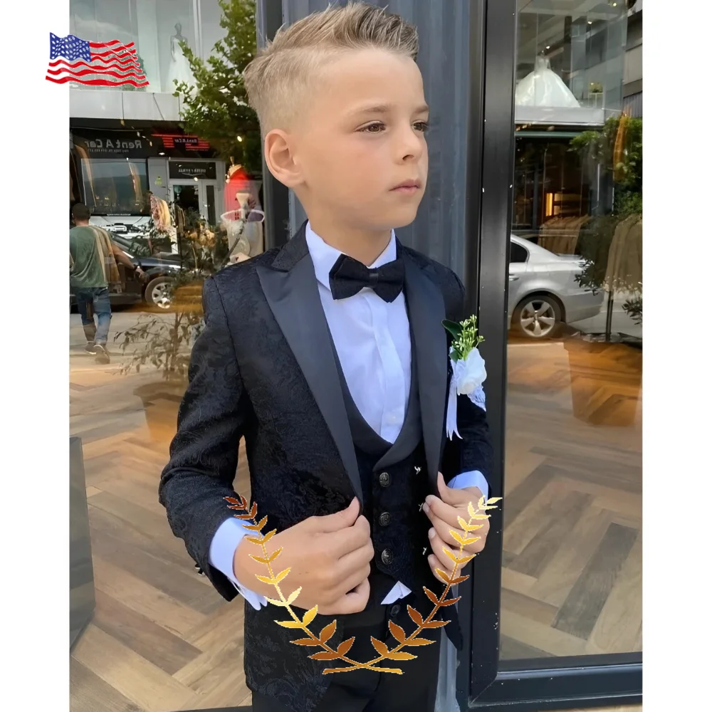 

Black Jacquard Boy Wedding Suit 3 Pieces Jacket Pants Vest Formal Party Blazer Kids Tuxedo