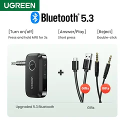 UGREEN Bluetooth Car Audio Music Receiver with Hands-Free Calling and 3.5mm AUX Connectivity - V5.3 (Black)