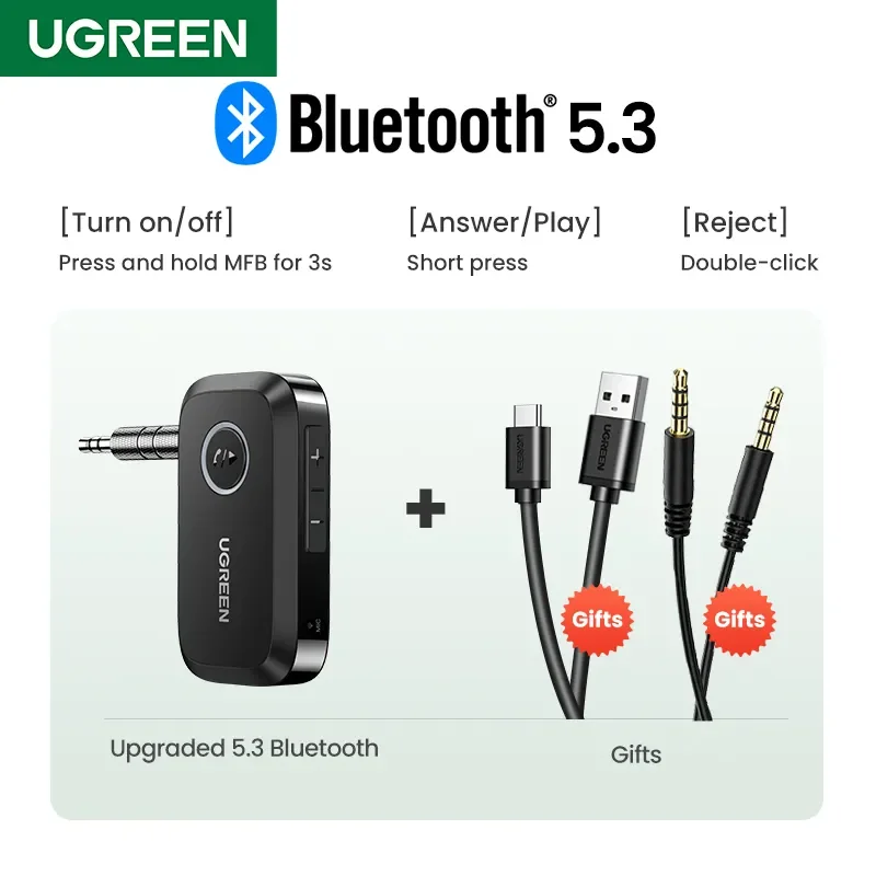 UGREEN Adaptador Bluetooth auxiliar 5.3 para coche, [mayor conexión]  Adaptador auxiliar Bluetooth para automóvil, Bluetooth aux para receptor de  audio