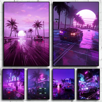 Neon Night City Landscape 80s Retro Cyberpunk Car Posters 1