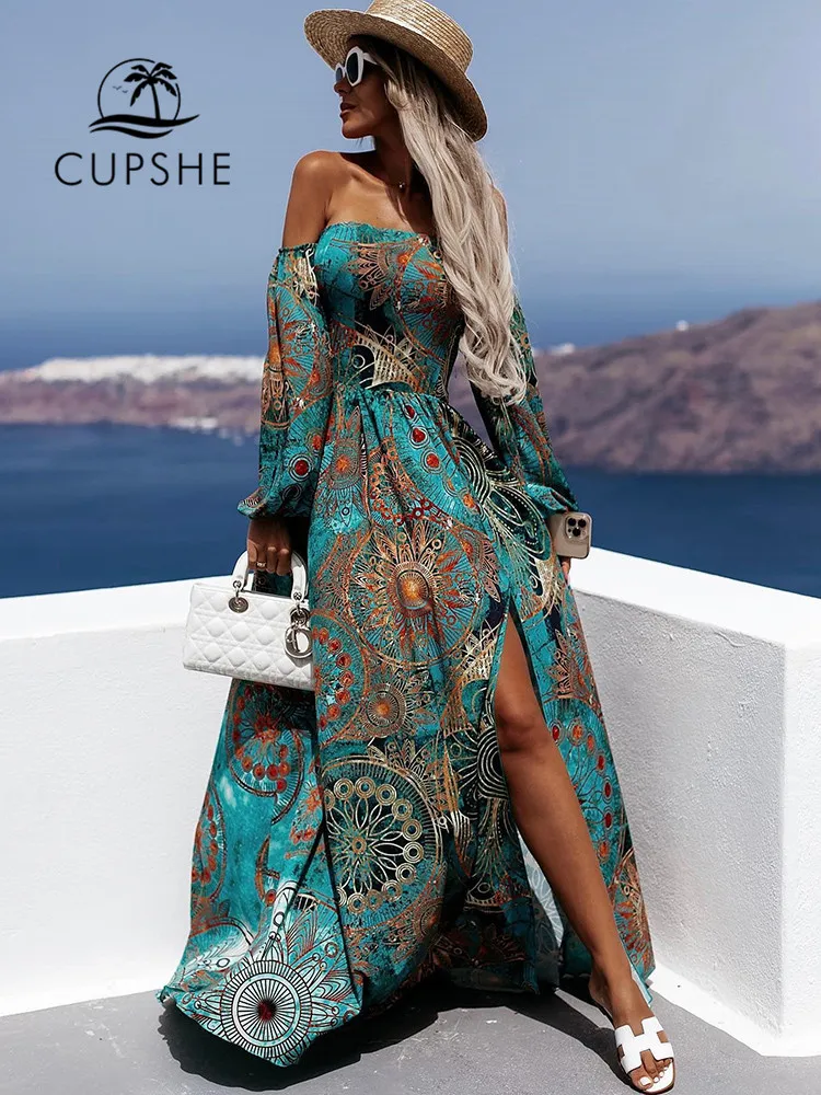 CUPSHE Off Shoulder Cover Up For Woman Blue Boho Print Sexy Loose