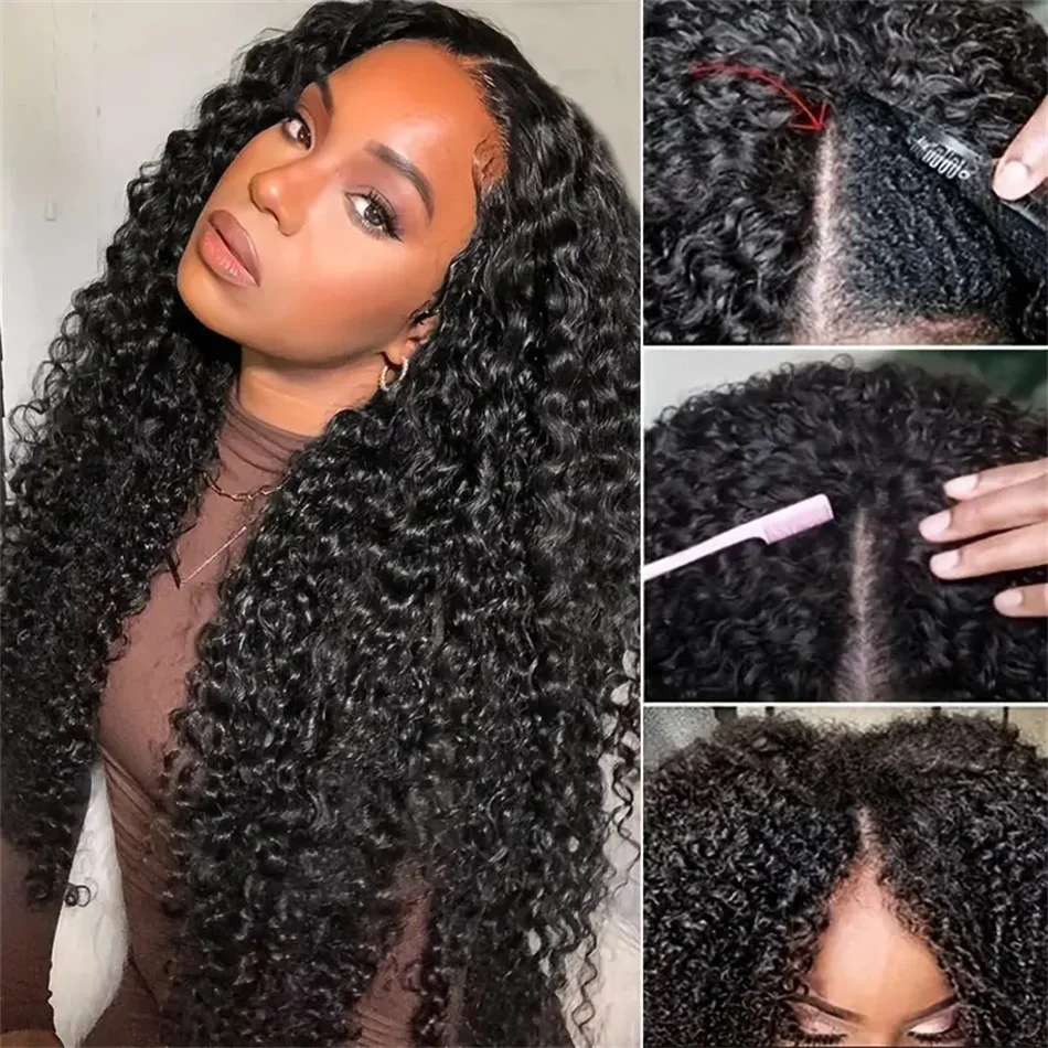 Human Hair Wigs V Part Wig Water Wave Human Hair V Shape 180% Density Natural Color Part Wig Curly 18-32 Inch Brazilian Wigs Machine Made