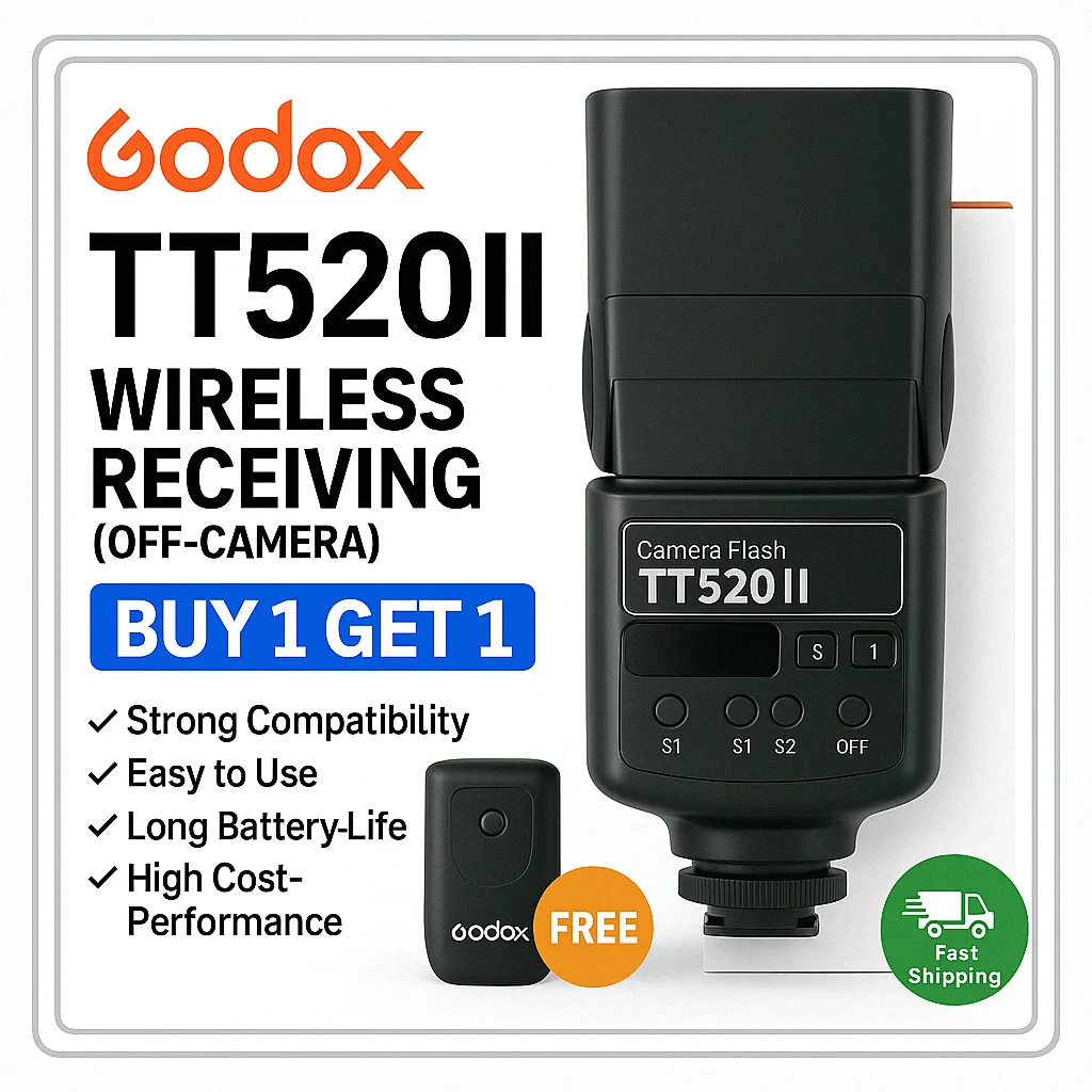 Godox TT520II Hot Shoe Flash Wireless 433MHz Fast Recycling Multi-Angle Rotation for Canon Nikon Sony Fujifilm Olympus Panasonic