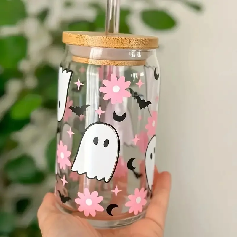 4 set of 550ml/18.7oz Halloween glass jar with bamboo lid and straw-perfect for cold drinks, suitable for juice, milk, etc.