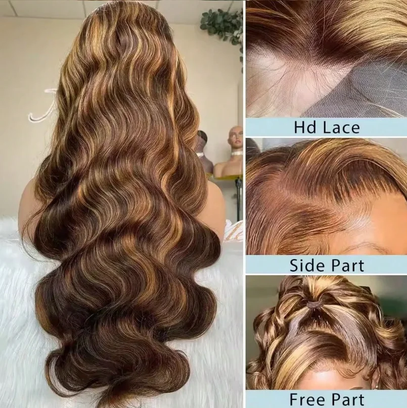34 Inch13x4 Honey Blonde Ombre Lace Front Wigs Human Hair Pre Plucked 200 Density 4/27 Highlight Colored Body Wave Frontal Wigs 5
