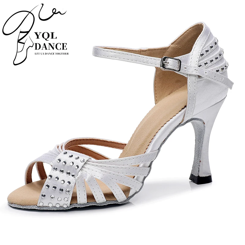 

Woman Rhinestone Latin Dance Shoes White Stain Silk Ballroom Salsa Dancing Shoes Kids Soft Bottom Latino Shoes Heel 7.5cn/9cm