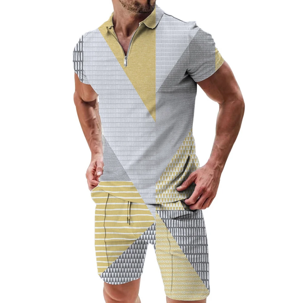 

Summer Fashion Casual Wear Men'S Polo Shirt Set Lapel V-Neck Zipper T-Shirt Casual Shorts 2 Sets Of Breathable Clothing