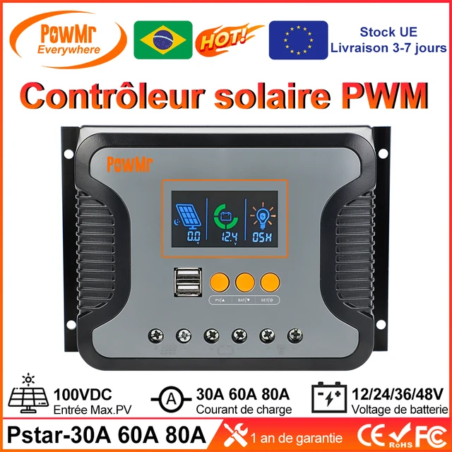 Contrôleur de charge solaire PWM PowMr 30A 60A 80A compatible avec les batteries 12V 24V 36V 48V, écran LED, USB 5V 2A max, PV 100V, fonctionnement silencieux 1