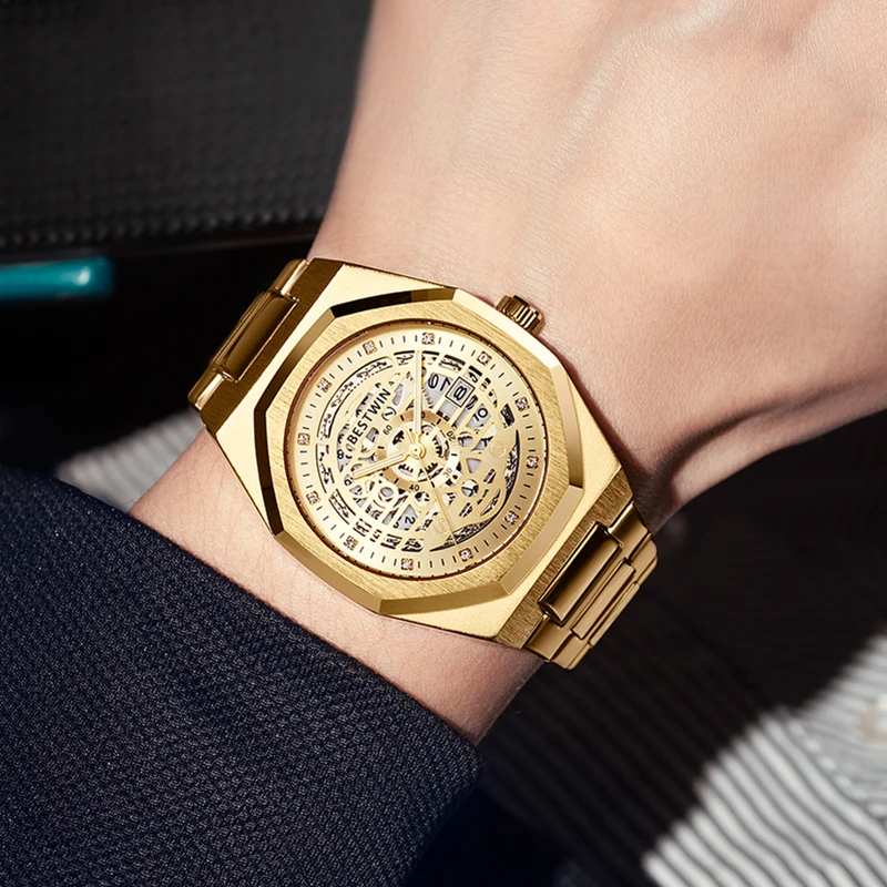 2023 Mens Skeleton Watch Stainless Steel Gold Watch Men Men's Business Watches Watches Relogio Masculino