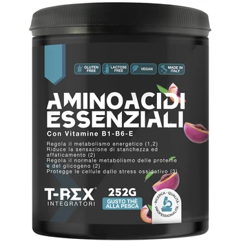 EAA Aminoacidi Essenziali con mix di vitamine B1, B6 ed E - Integratore di amminoacidi naturali vegan ottenuti da fermentazione T-Rex Integratori (The alla Pesca, Polvere)