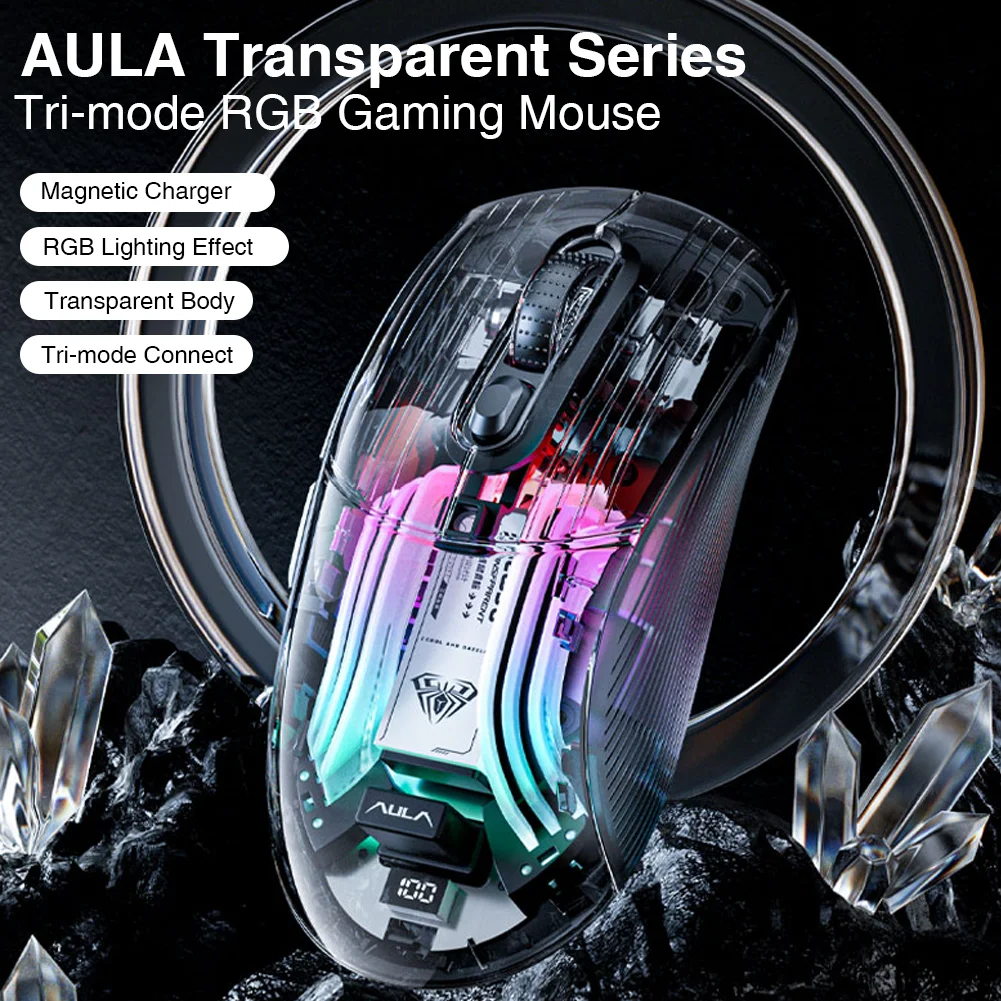 AULA SC630 Tri-mode Wireless RGB Mouse 4000 DPI Transparent 11 RGB Light Modes With Charging Base For Wireless Mouse Wireless Optical Mouse