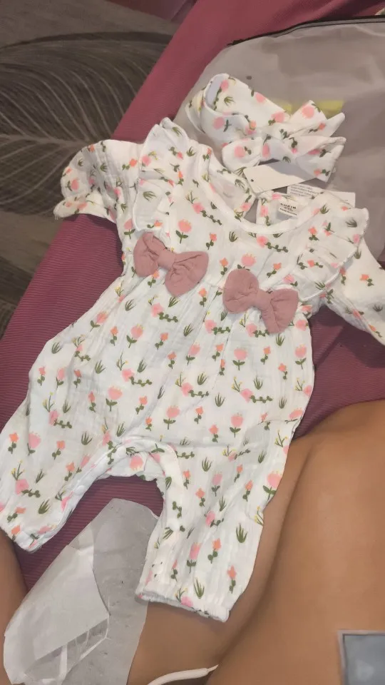 Baby Floral Bow Long-Sleeve Jumpsuit & Headband Set, 0–6M photo review
