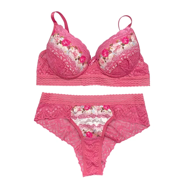 Conjunto de Calcinha e Sutiã Rendado Com Bojo Floral Lingerie Charmosa